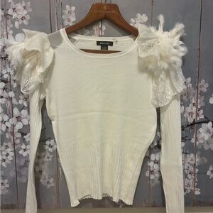 Dolce Cabo White Sweater with Lace and Feather Accents size L NWOT
